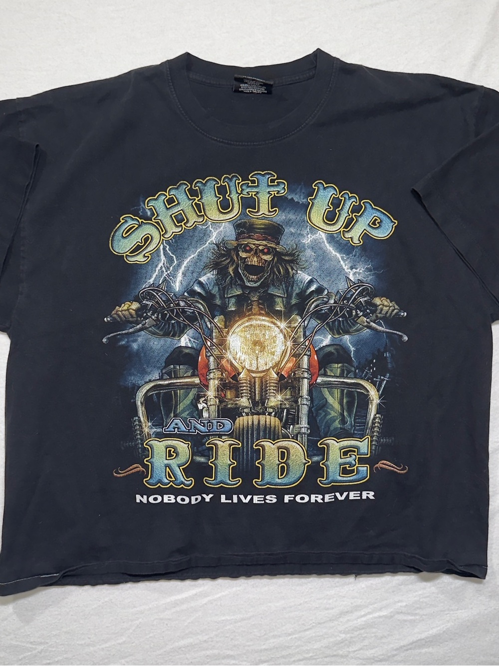 Shut Up and Ride Graphic Tee - Black sun faded 2000s rock Chang shirt